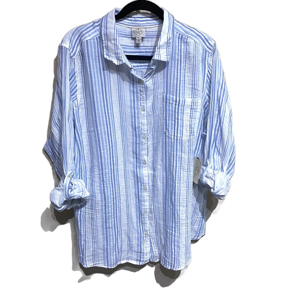 St. John's Bay Blue Stripe Tab-Sleeve Button-Up